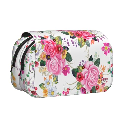 YOFIEN Bleistiftbeutel mit Vintage-Blumensträußen, tragbar, doppellagig, Schreibwaren-Organizer von YOFIEN
