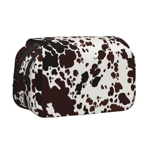 YOFIEN Bleistiftbeutel mit braunen Flecken, Kuhhaut, tragbar, doppellagig, Schreibwaren-Organizer von YOFIEN