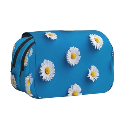YOFIEN Bleistifttasche mit weißem Gänseblümchen-Print, tragbarer doppellagiger Schreibwaren-Organizer von YOFIEN