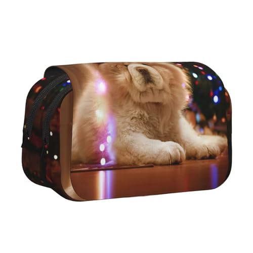 YOFIEN Chow Chow, weiße, Flauschige Hunde, Haustiere, Hunde, Weihnachts-Federmäppchen, tragbar, doppellagig, Schreibwaren-Organizer von YOFIEN