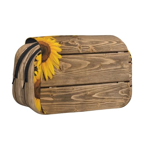 YOFIEN DREI Sonnenblumen auf hölzernem Federmäppchen, tragbarer doppellagiger Schreibwaren-Organizer von YOFIEN
