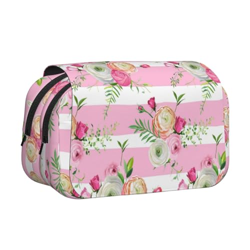 YOFIEN Federmäppchen mit Blumen- und rosa Streifen, tragbar, doppellagig, Schreibwaren-Organizer von YOFIEN