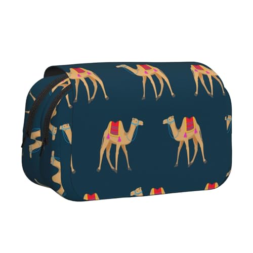 YOFIEN Federmäppchen mit Kamel-Cartoon auf blauem Hintergrund, tragbar, doppellagig, Schreibwaren-Organizer von YOFIEN