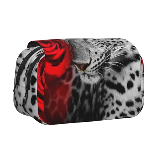 YOFIEN Federmäppchen mit Leopardenmuster, rote Rose, tragbar, doppellagig, Schreibwaren-Organizer von YOFIEN