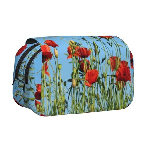 YOFIEN Federmäppchen mit Mohnblumen auf blauem Himmel, tragbar, doppellagig, Schreibwaren-Organizer von YOFIEN