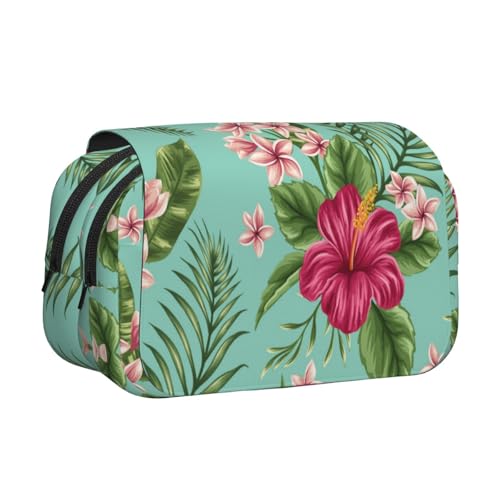 YOFIEN Federmäppchen mit Plumeria- und Hibiskusblüten-Print, exotischer Dschungel, Palmblatt, tragbarer doppellagiger Schreibwaren-Organizer von YOFIEN