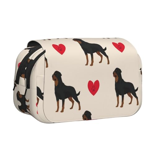 YOFIEN Federmäppchen mit Rottweiler-Hund, buntes Herz, tragbar, doppellagig, Schreibwaren-Organizer von YOFIEN