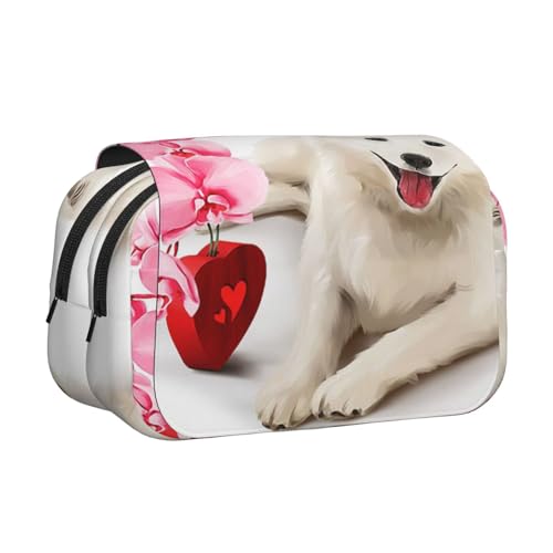 YOFIEN Federmäppchen mit Samojeden-Hund, rosa Blumen, tragbar, doppellagig, Schreibwaren-Organizer von YOFIEN