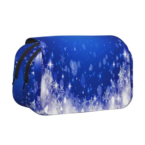 YOFIEN Federmäppchen mit Schneeflocken-Motiv, Blau, Winter, Weihnachten, tragbar, doppellagig, Schreibwaren-Organizer von YOFIEN