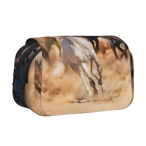 YOFIEN Federmäppchen mit Wildpferd-Motiv, das gegen einen Sandsturm rennt, tragbarer doppelschichtiger Schreibwaren-Organizer von YOFIEN