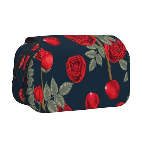 YOFIEN Federmäppchen mit roten Rosen und Blumen, tragbar, doppellagig, Schreibwaren-Organizer von YOFIEN