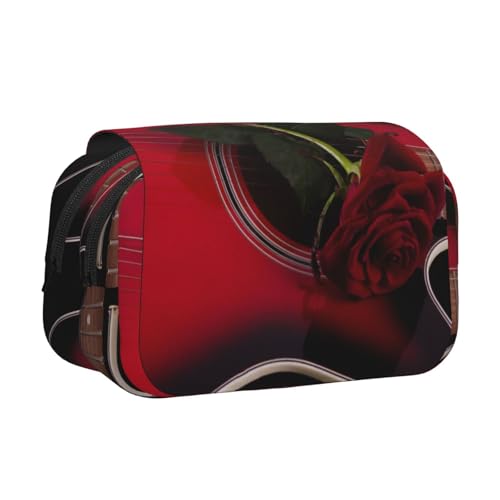 YOFIEN Federmäppchen mit roter Gitarre und roter Rose, tragbar, doppellagig, Schreibwaren-Organizer von YOFIEN