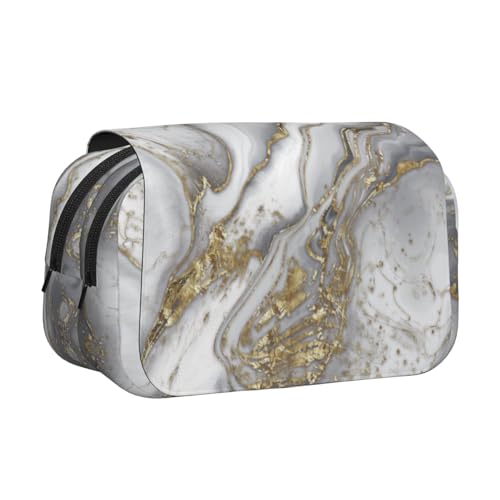 YOFIEN Grauer flüssiger Marmor – Federmäppchen mit Perlen und Gold, tragbarer doppellagiger Schreibwaren-Organizer von YOFIEN