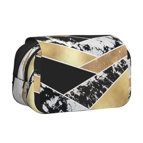 YOFIEN Modernes Bleistiftetui in Gold, Schwarz, Weiß, Glitzer, Marmor, geometrische Kunst, tragbar, doppellagig, Schreibwaren-Organizer von YOFIEN