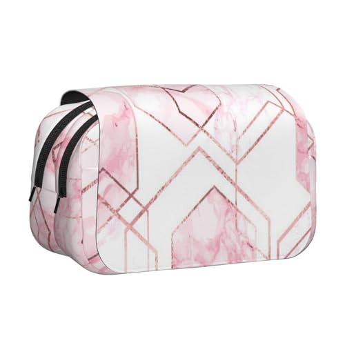 YOFIEN Nahtloses geometrisches Muster mit goldenen Glitzerlinien und rosa Marmor-Federmäppchen, tragbarer doppellagiger Schreibwaren-Organizer von YOFIEN