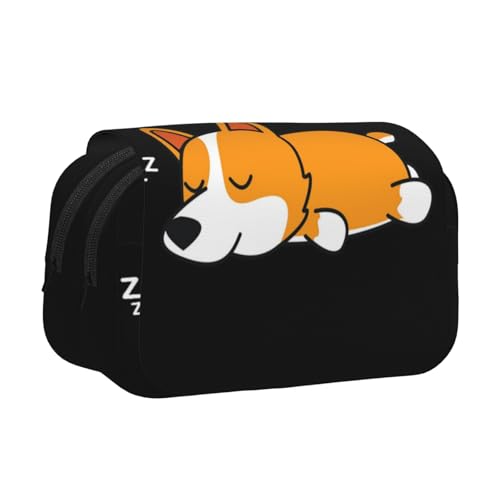 YOFIEN Niedlicher Corgi-Bleistiftbeutel, schlafend, tragbar, doppellagig, Schreibwaren-Organizer von YOFIEN