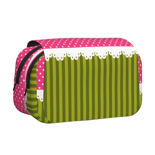 YOFIEN Niedliches Federmäppchen mit rosa Punkten und grünen Streifen, tragbar, doppellagig, Schreibwaren-Organizer von YOFIEN