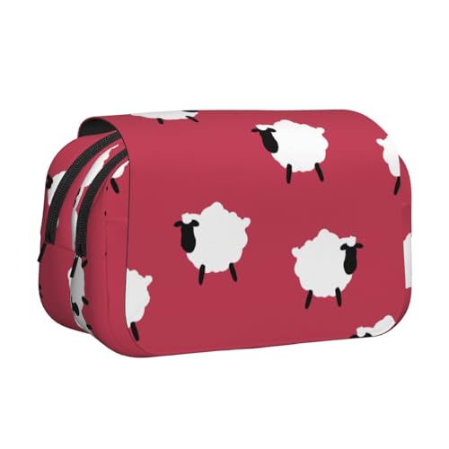 YOFIEN Niedliches Schaf-Cartoon-Federmäppchen mit weißem Schaf und rotem Aufdruck, tragbarer doppellagiger Schreibwaren-Organizer von YOFIEN