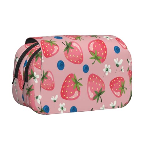 YOFIEN Schöne rosa Erdbeer-Federmäppchen, tragbar, doppellagig, Schreibwaren-Organizer von YOFIEN