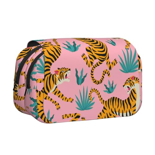YOFIEN Tiger tanzen auf rosa asiatischen Tigern, Gold-orange und schwarz, Federmäppchen, tragbarer doppellagiger Schreibwaren-Organizer von YOFIEN