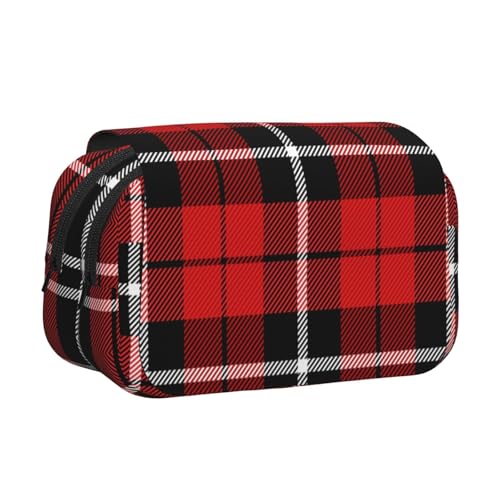 YOFIEN Weihnachts-Bleistifttasche mit Schottenkaro, rot, kariert, tragbar, doppellagig, Schreibwaren-Organizer von YOFIEN