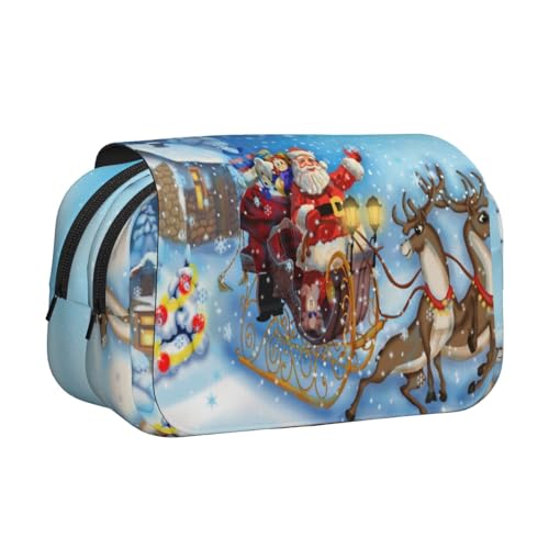 YOFIEN Weihnachts-Federmäppchen mit Weihnachtsmann- und Rentiermotiv, tragbar, doppellagig, Schreibwaren-Organizer von YOFIEN