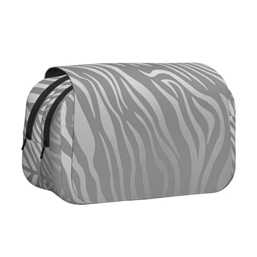 YOFIEN Zeitgenössisches silbergraues Federmäppchen mit Zebra-Tierhaut, tragbar, doppellagig, Schreibwaren-Organizer von YOFIEN