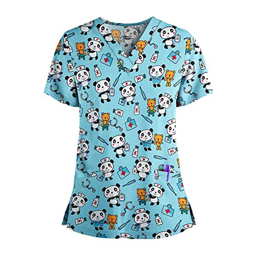 Kleidung Krankenhaus Schlupfhemd Bluse Kurzarm V-Neck T-Shirt Mischgewebe Kasack Damen Pflege mit Katze Motiv Bunt Arzt Uniform Berufsbekleidung Krankenschwester von YOGALULU