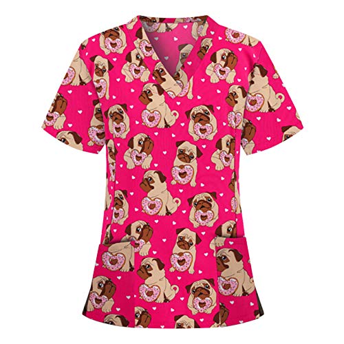 Krankenhaus Schlupfhemd Bluse Kurzarm V-Neck Top Damen Shirt Pflege mit Liebe Motiv Bunt Arzt Uniform Berufsbekleidung Krankenschwester Kleidung von YOGALULU