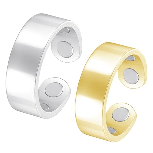 YOGAZEN 2 Stück Magnetischer Ringe, Vital Ring, Magnetfeldtherapie, 4 Ultrastarke Magnete, Magnetring Herren Damen, Verstellbare Kupferringe, Für Sömni Ring Damen Wechseljahre (Gold, Silber) von YOGAZEN