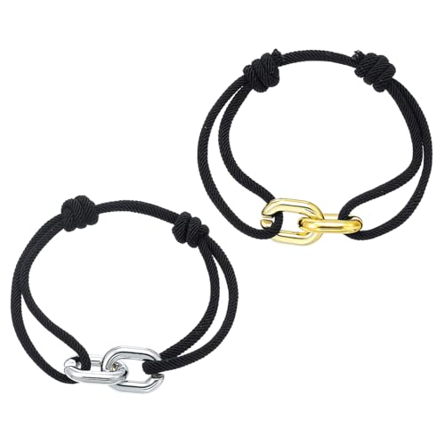 YOGAZEN Segeltau Damen Armband Tricolor, 2 Stück Paar-Armband, Kordelarmband mit Edelstahl Ring in Silber, Gold, und Schwarz, Freundschaftsarmbänder, Einstellbares Handgelenk Armbänder von YOGAZEN