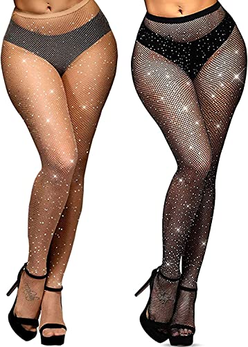 YOGINGO 2 PCS Damen Diamanten Netzstrumpfhosen Schwarz,Rhinestones Netzstrumpfhose Strumpfhosen Glitzer Strumpfhose Damen Mesh Hohe Taille Eng Glitzernde Strass Netzstrumpfhose Strümpfe Strumpfhosen von YOGINGO