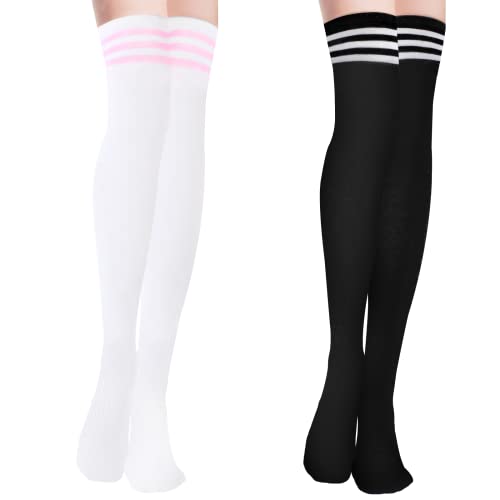 YOGINGO 2 Stück Oberschenkelhohe Socken Damen Mädchen über dem Knie Hohe Socken Baumwolle Streifen Tube Strumpfhose Casual Stiefel Strümpfe für Frauen für den täglichen Gebrauch Cosplay Schwarze von YOGINGO