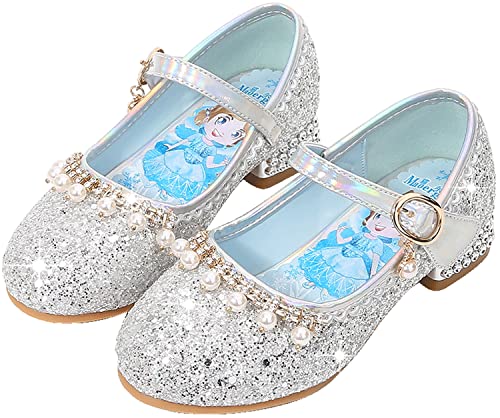 YOGLY ELSA Prinzessin Schuhe Mädchen Cosplay Eiskönigin Weihnachten Karneval Geburtstag Neujahr Kostüm Zubehör Weich Blau Rosa Silber Pailletten Kristall Hohe Absätze für Kinder Halloween Party von YOGLY