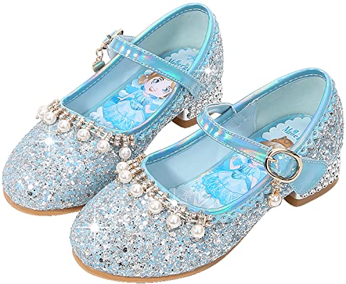 YOGLY ELSA Prinzessin Schuhe Mädchen Cosplay Eiskönigin Weihnachten Karneval Geburtstag Neujahr Kostüm Zubehör Weich Blau Rosa Silber Pailletten Kristall Hohe Absätze für Kinder Halloween Party von YOGLY