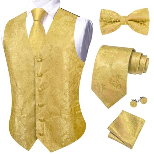 YOHOWA Herren 6-teiliges Westen-Set mit Krawatte Einstecktuch Manschettenknöpfe und Pin Paisley Blume V-Ausschnitt aus Seide Perfekt für formelle oder legere Anlässe, Goldfarben/glänzend, XXL von YOHOWA