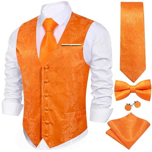 YOHOWA Herren 6-teiliges Westen-Set mit Krawatte Einstecktuch Manschettenknöpfe und Pin Paisley Blume V-Ausschnitt aus Seide Perfekt für formelle oder legere Anlässe, Orange Paisley, XL von YOHOWA