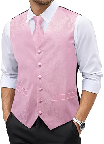 YOHOWA Herren Westen-Set mit Krawatte, Einstecktuch, Manschettenknöpfe, Paisleymuster, Blume, V-Ausschnitt, Seide, perfekt für formelle und legere Anlässe, 6-teilig, hellrosa, XXL von YOHOWA