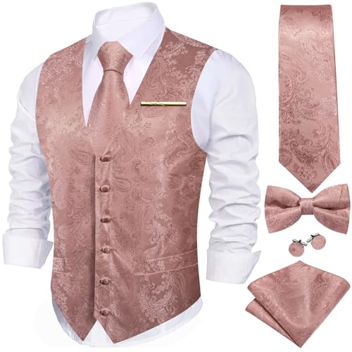 YOHOWA Herren 6-teiliges Westen-Set mit Krawatte Einstecktuch Manschettenknöpfe und Pin Paisley Blume V-Ausschnitt aus Seide Perfekt für formelle oder legere Anlässe, korallenpink, M von YOHOWA