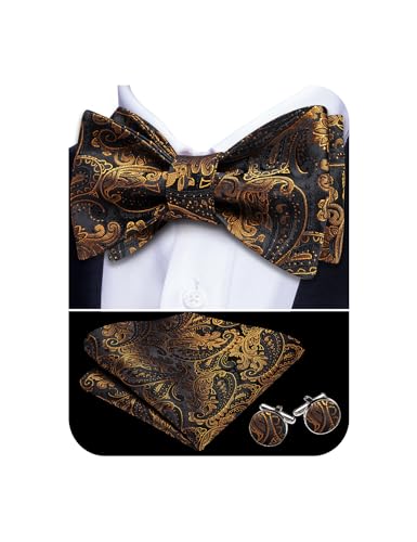 YOHOWA Seidenset Fliege und Einstecktuch Manschettenknöpfe Set für Hochzeit Party Smoking Herren Jungen, Gold Schwarz Paisley, Einheitsgröße von YOHOWA