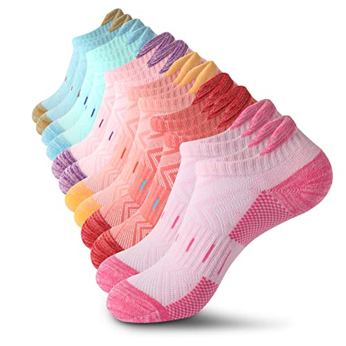 YOJOOM Sportsocken für Damen, 6 Paar, Baumwolle, gepolsterte Sport-Sneaker-Socken für Damen, atmungsaktiv, Laufsocken, niedrig geschnitten, rutschfest, Damen-Knöchelsocken, mehrfarbig, 36 von YOJOOM