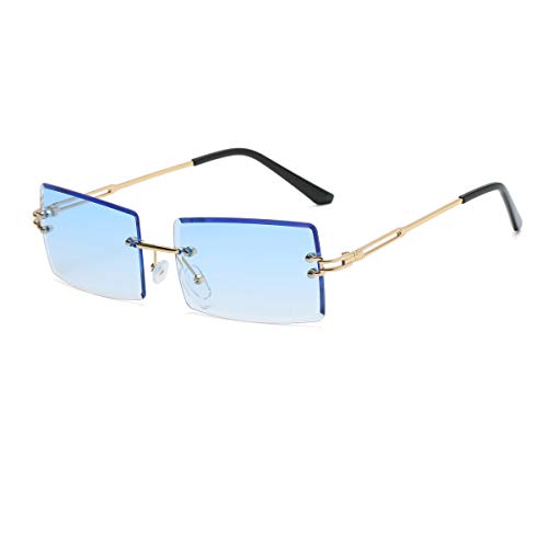 Yojued Rechteckige Retro-Sonnenbrille für Damen und Herren, Mode, Vintage, kleine quadratische Brille, randlos, Rahmen, getönte Gläser, UV400 Schutz, Klassisch, Blau von YOJUED