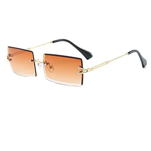 Yojued Rechteckige Retro-Sonnenbrille für Damen und Herren, Mode, Vintage, kleine quadratische Brille, randlos, Rahmen, getönte Gläser, UV400 Schutz, Klassisch, Braun von YOJUED