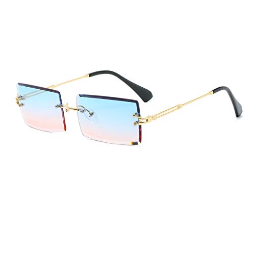 Yojued Rechteckige Retro-Sonnenbrille für Damen und Herren, Mode, Vintage, kleine quadratische Brille, randlos, Rahmen, getönte Gläser, UV400 Schutz, Klassisch, Blau von YOJUED