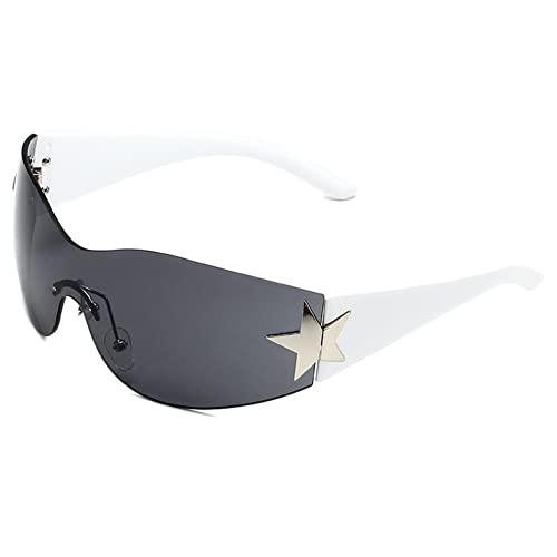 YOJUED Rimless Star Y2K Sonnenbrille Shield Wrap Around übergroße rahmenlose Sonnenbrille für Herren Damen, UV 400 Schutz(Weiß/Grau) von YOJUED