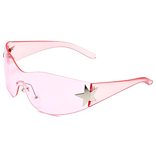 YOJUED Rimless Star Y2K Sonnenbrille Shield Wrap Around übergroße rahmenlose Sonnenbrille für Herren Damen, UV 400 Schutz (Rosa/Rosa) von YOJUED