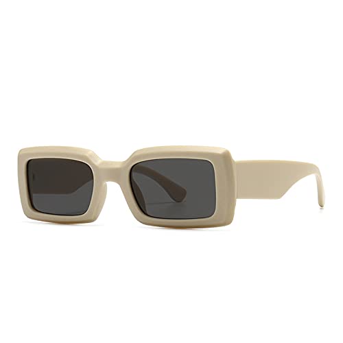 YOJUED Vintage Rechteckige Sonnenbrille für Damen Herren Chunky Rectangle Sunglasses Retro Brille UV400 Schutz (Beige) von YOJUED