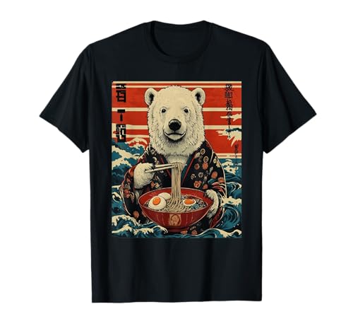 YOKONSAI Ramen Eisbär im Japan Kimono isst Ramen Nudeln mit Ei Unisex Erwachsene Kinder Anime Fans Manga Lovers Otakus Japan Enthusiasten Schwarz Klein T-Shirt von Artworkfire