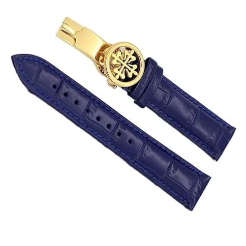 YOLIONU Echtes Lederarmband für Patek Philippe Wath-Bänder mit Faltschließe aus Edelstahl für Herren und Damen(Blue Golden clasp,19mm) von YOLIONU