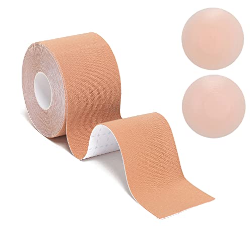 YOLMFOEV Klebe BH Push Up,Brust Tape Push Up 5 cm x 5 m Klebe BH große Brust Boobietape mit 2 Übergröße Wiederverwendbare Silikon Brüste Nippelpads Boob Tape (Farbe) von YOLMFOEV